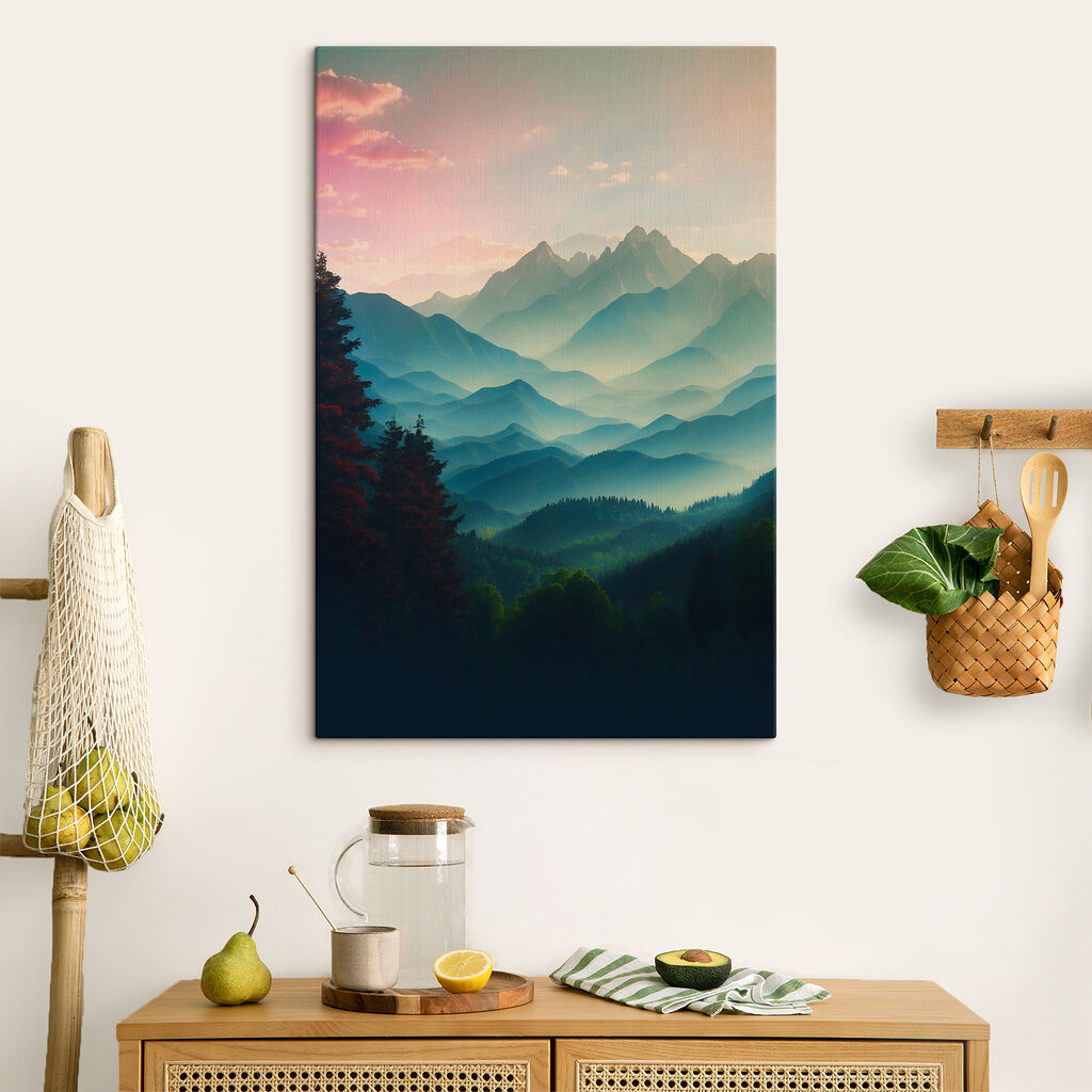 Mountain range with trees and clouds