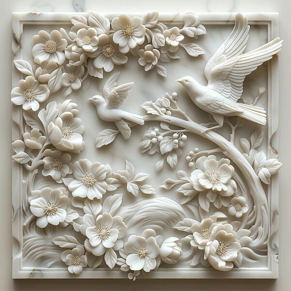 Wit beeld van vogels en bloemen Wit beeld van vogels en bloemen