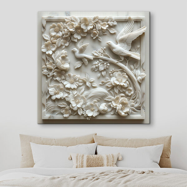 Wit beeld van vogels en bloemen Wit beeld van vogels en bloemen