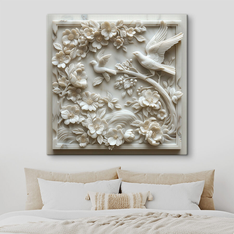 Wit beeld van vogels en bloemen Wit beeld van vogels en bloemen