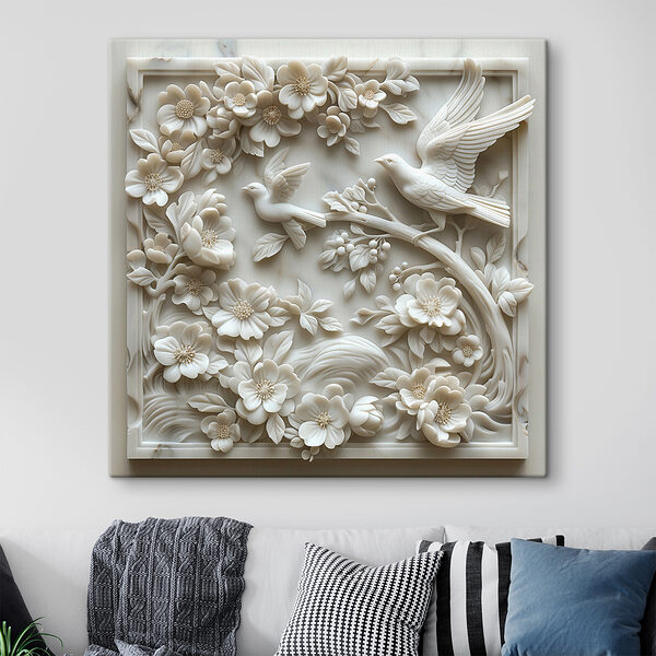 Wit beeld van vogels en bloemen Wit beeld van vogels en bloemen