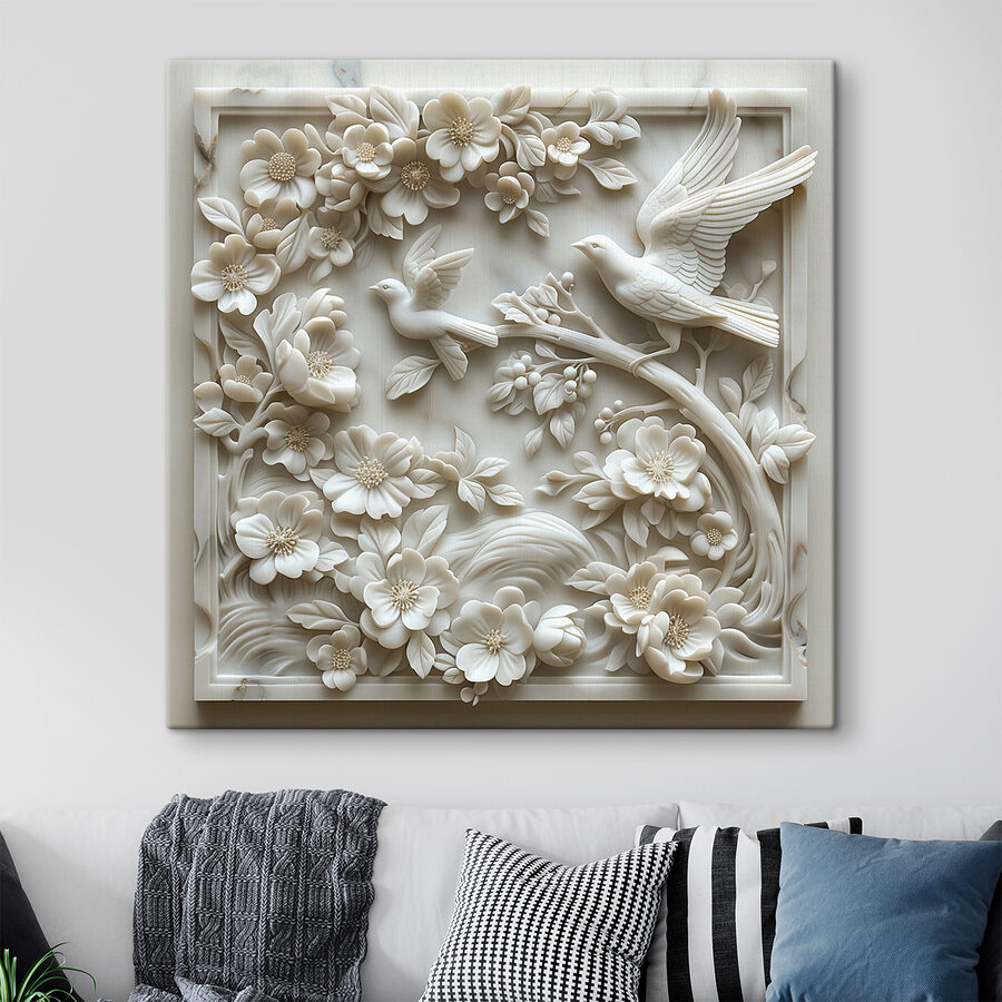 Wit beeld van vogels en bloemen Wit beeld van vogels en bloemen
