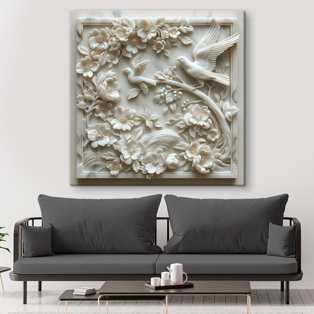 White sculpture of birds and flowers