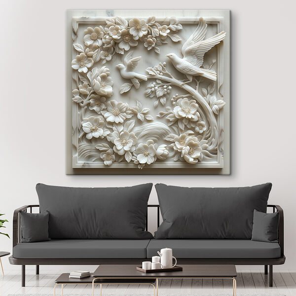 Wit beeld van vogels en bloemen Wit beeld van vogels en bloemen