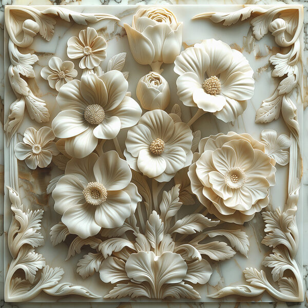 Snijwerk van witte bloemen op een marmeren oppervlak Snijwerk van witte bloemen op een marmeren oppervlak