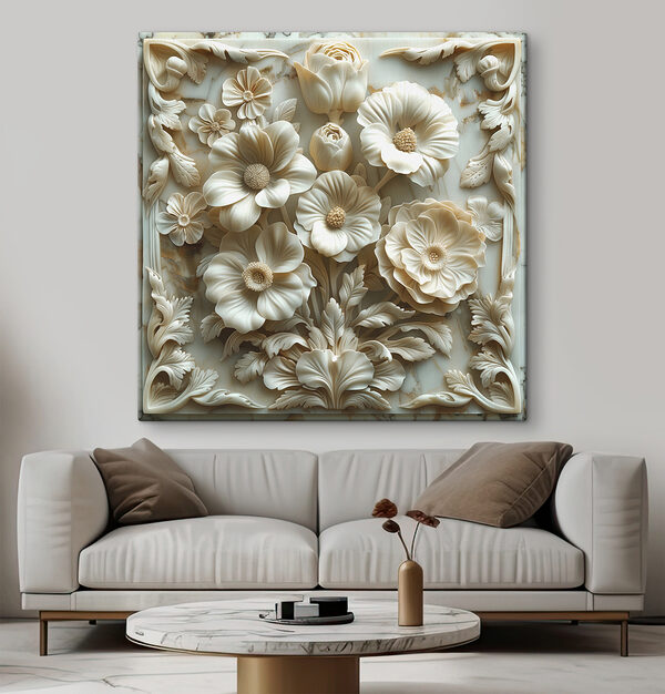 Snijwerk van witte bloemen op een marmeren oppervlak Snijwerk van witte bloemen op een marmeren oppervlak