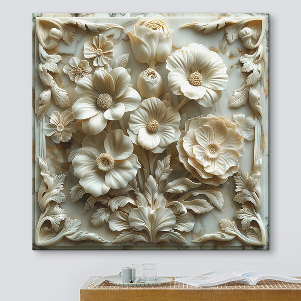 Snijwerk van witte bloemen op een marmeren oppervlak Snijwerk van witte bloemen op een marmeren oppervlak
