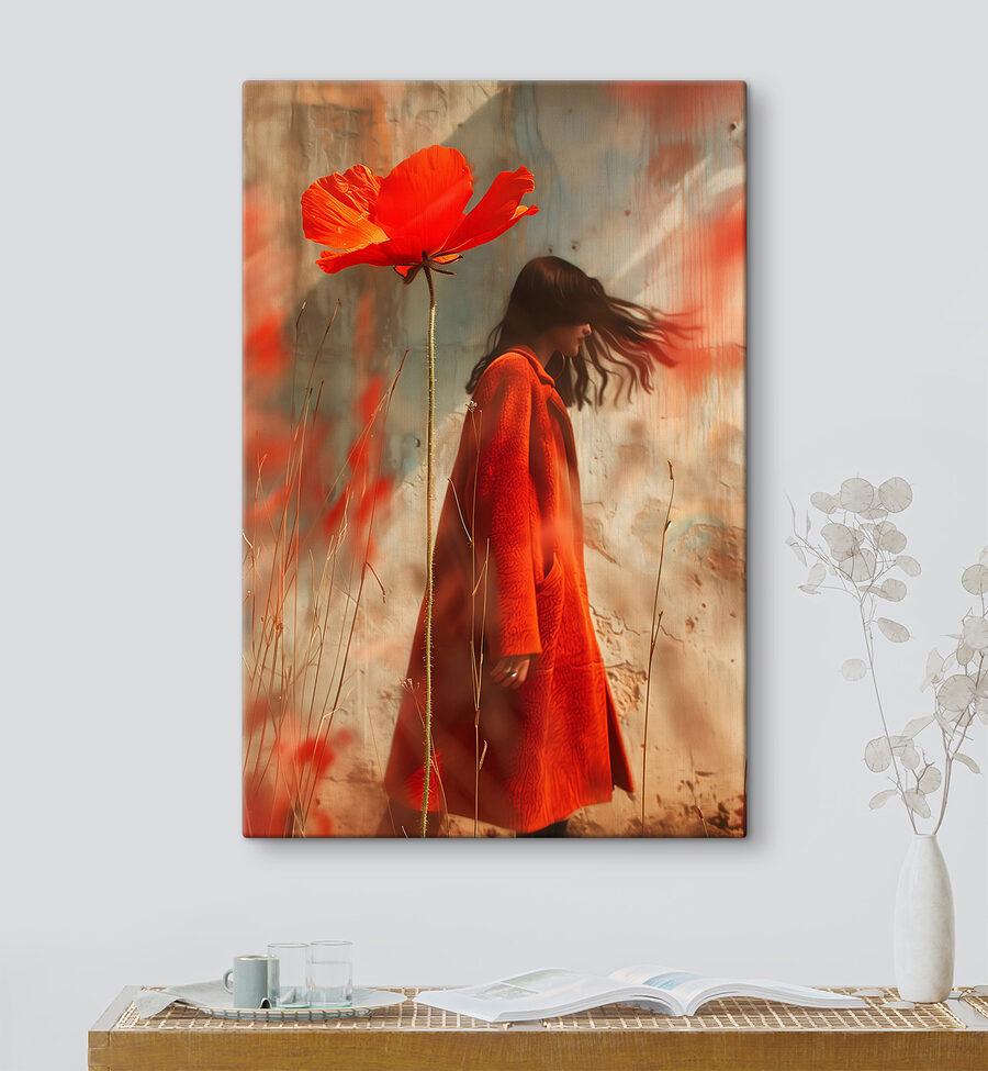 Vrouw in een rode jas en een grote bloem