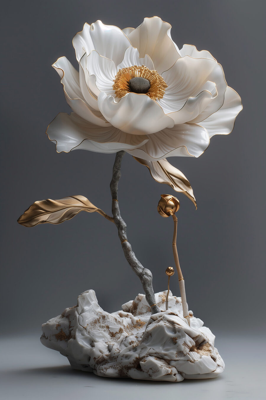 Elegante porseleinen bloemensculptuur tentoongesteld.