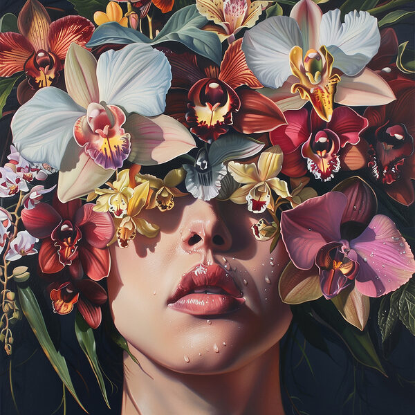 Schilderij van een vrouw met bloemen op haar hoofd Schilderij van een vrouw met bloemen op haar hoofd