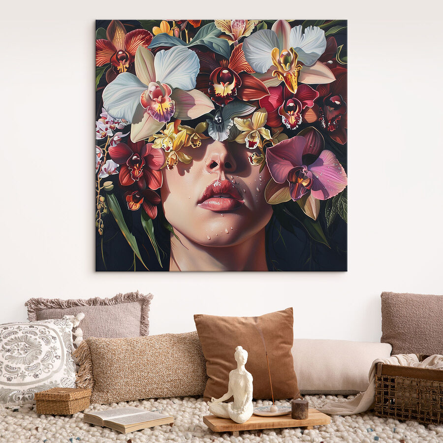 Schilderij van een vrouw met bloemen op haar hoofd Schilderij van een vrouw met bloemen op haar hoofd