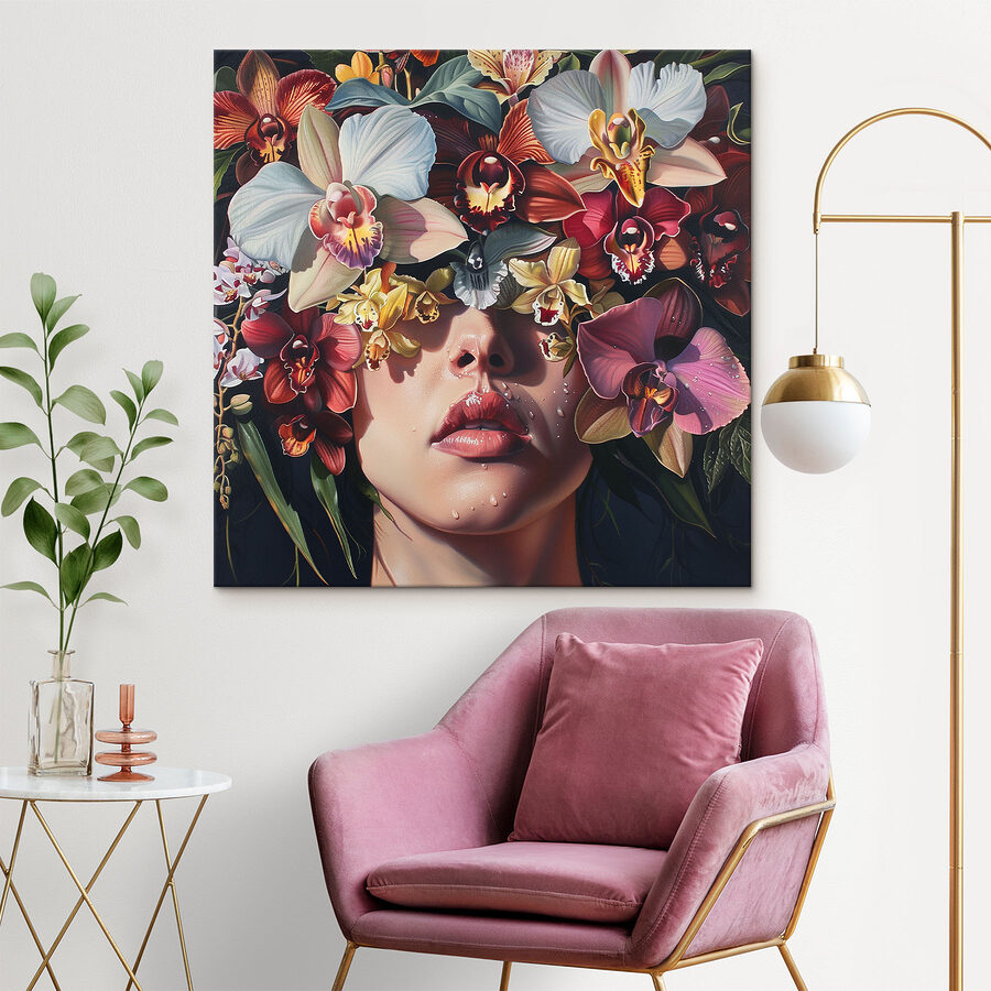 Schilderij van een vrouw met bloemen op haar hoofd Schilderij van een vrouw met bloemen op haar hoofd