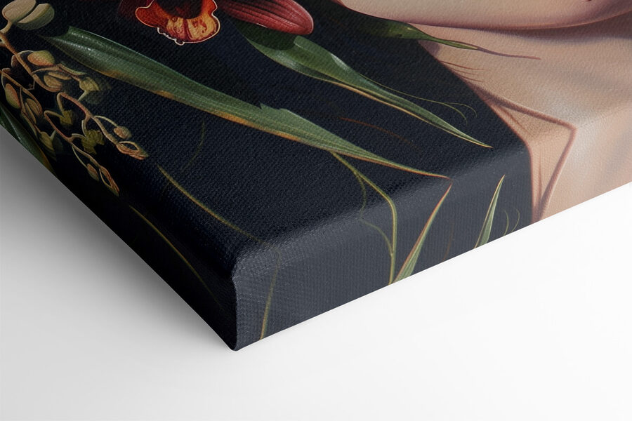 Schilderij van een vrouw met bloemen op haar hoofd Schilderij van een vrouw met bloemen op haar hoofd