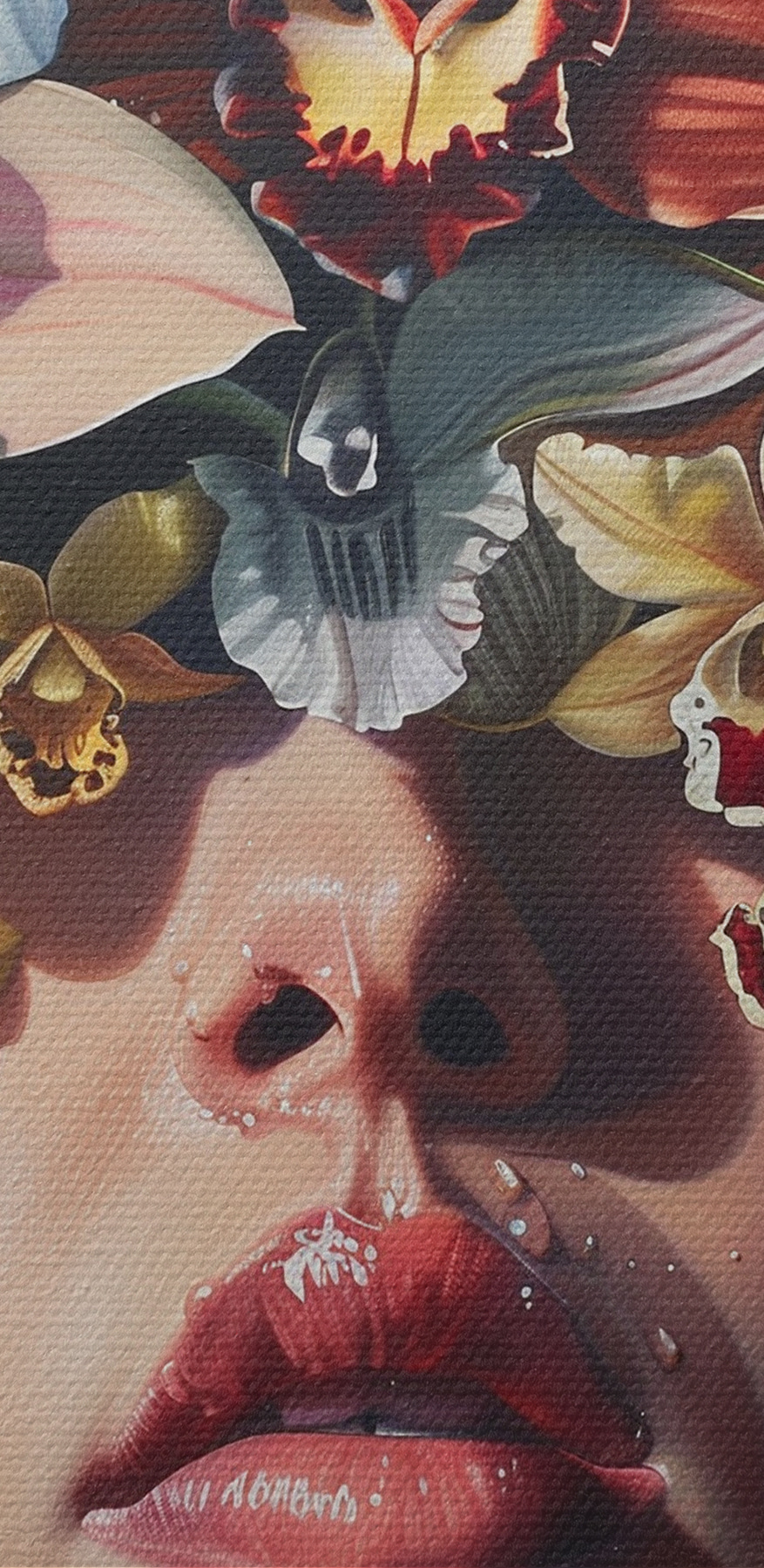 Schilderij van een vrouw met bloemen op haar hoofd Schilderij van een vrouw met bloemen op haar hoofd