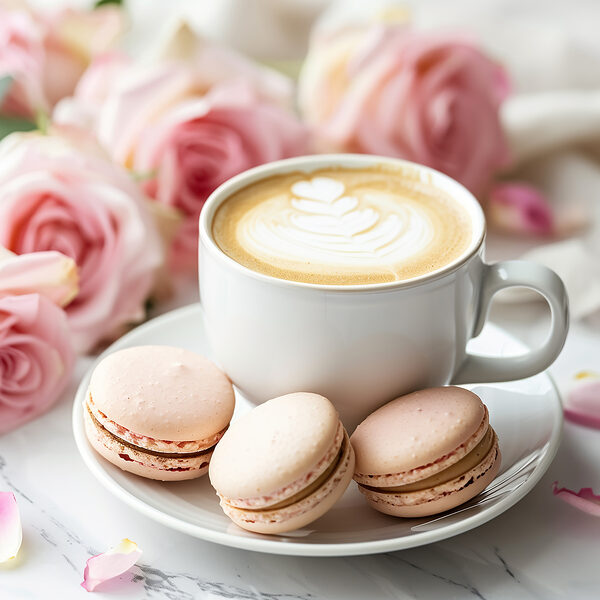 Kopje koffie en koekjes op een bord Kopje koffie en koekjes op een bord