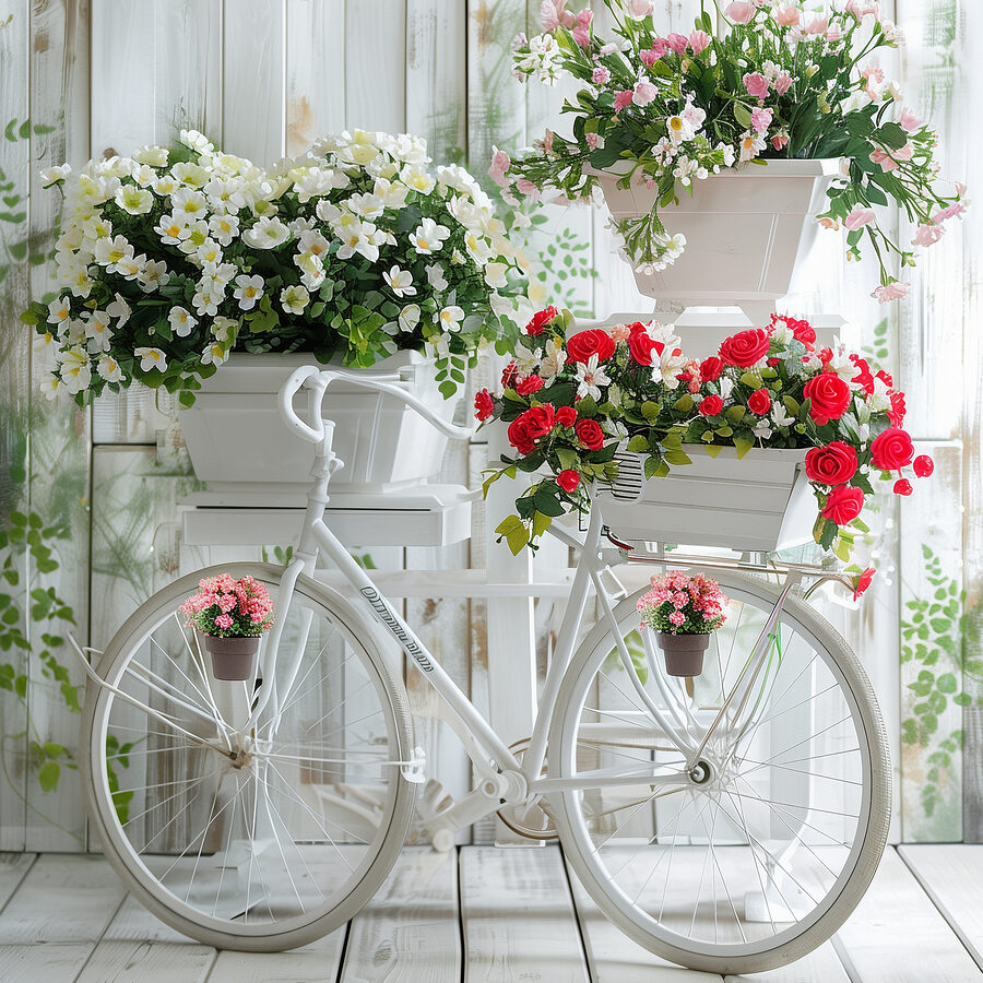 Fiets met bloemen in manden Fiets met bloemen in manden