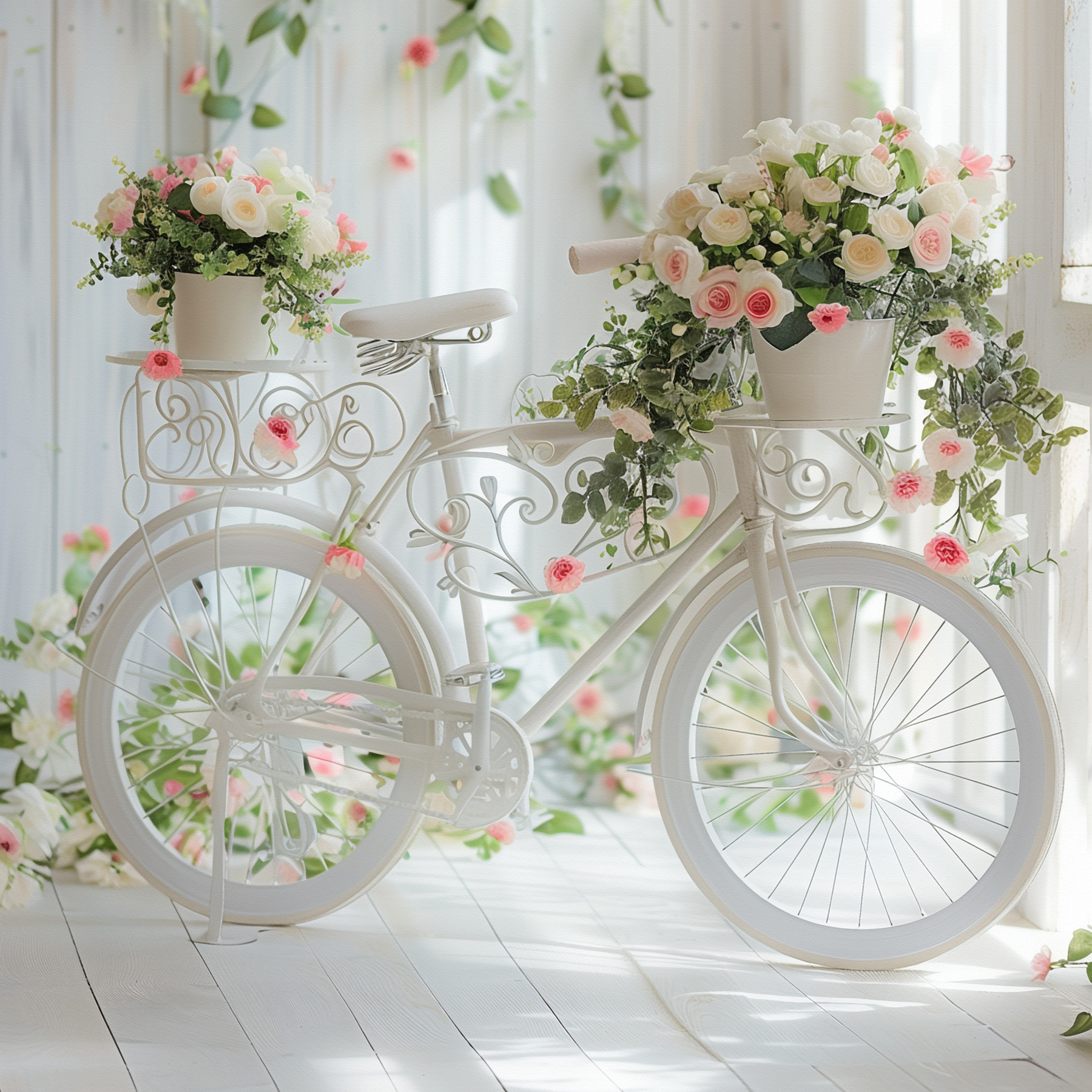 White bicycle with flowers on it