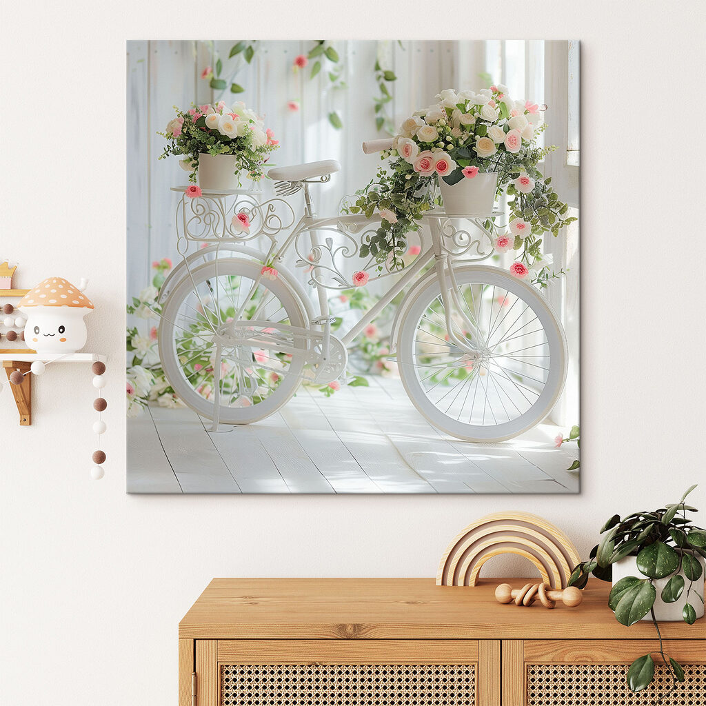 White bicycle with flowers on it