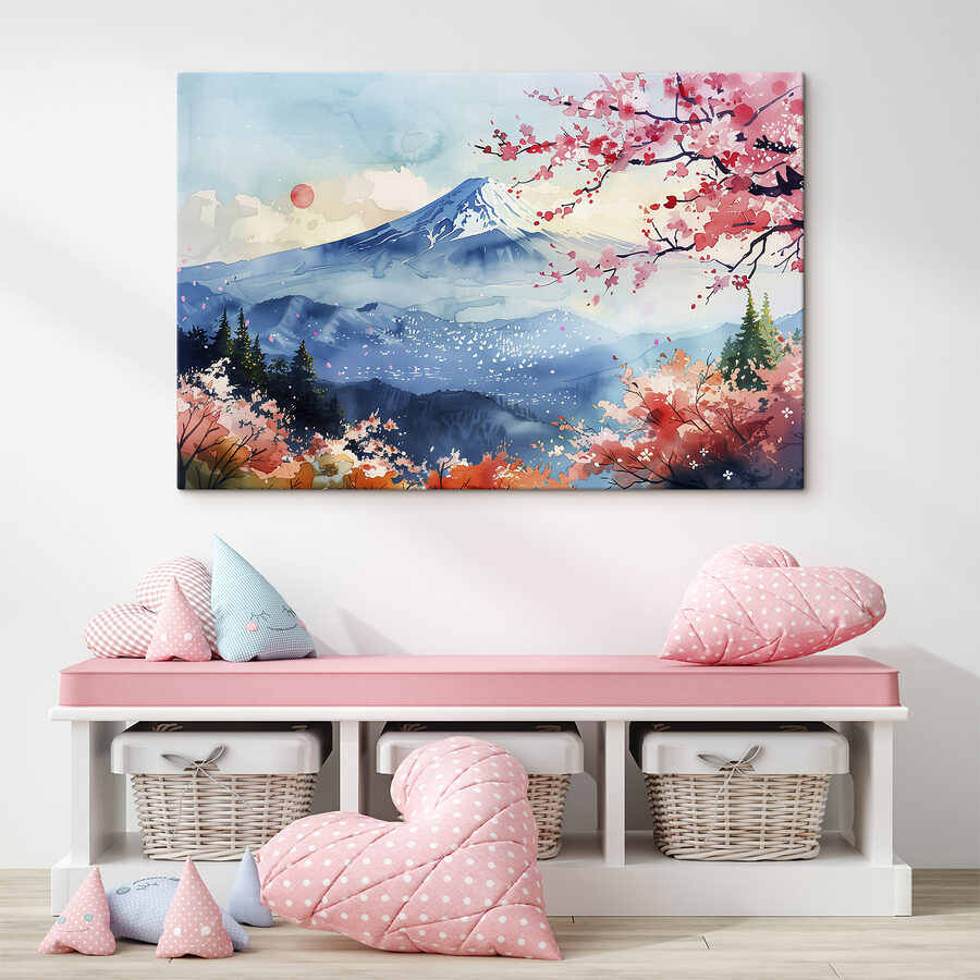 Aquarel van een berg met een besneeuwde top