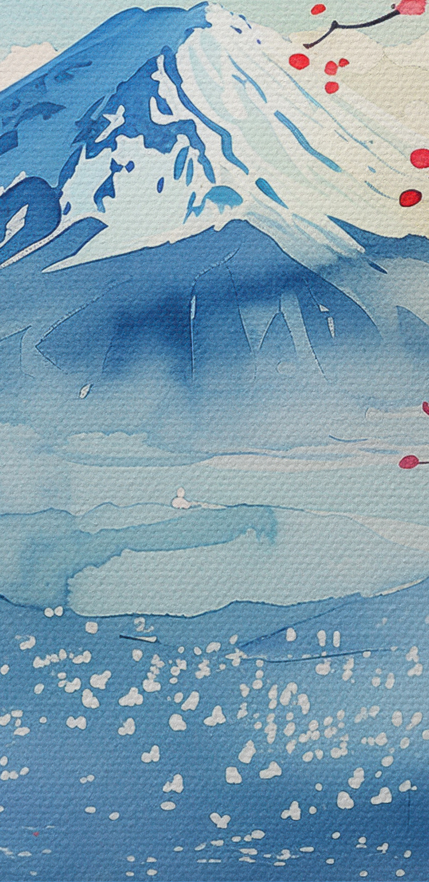 Aquarel van een berg met een besneeuwde top