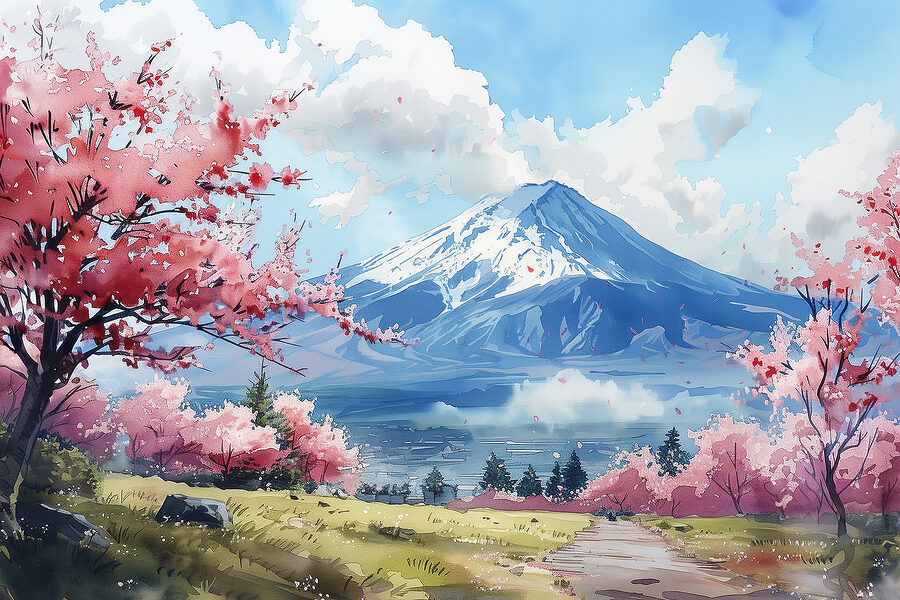 De berg Fuji met roze bloemen