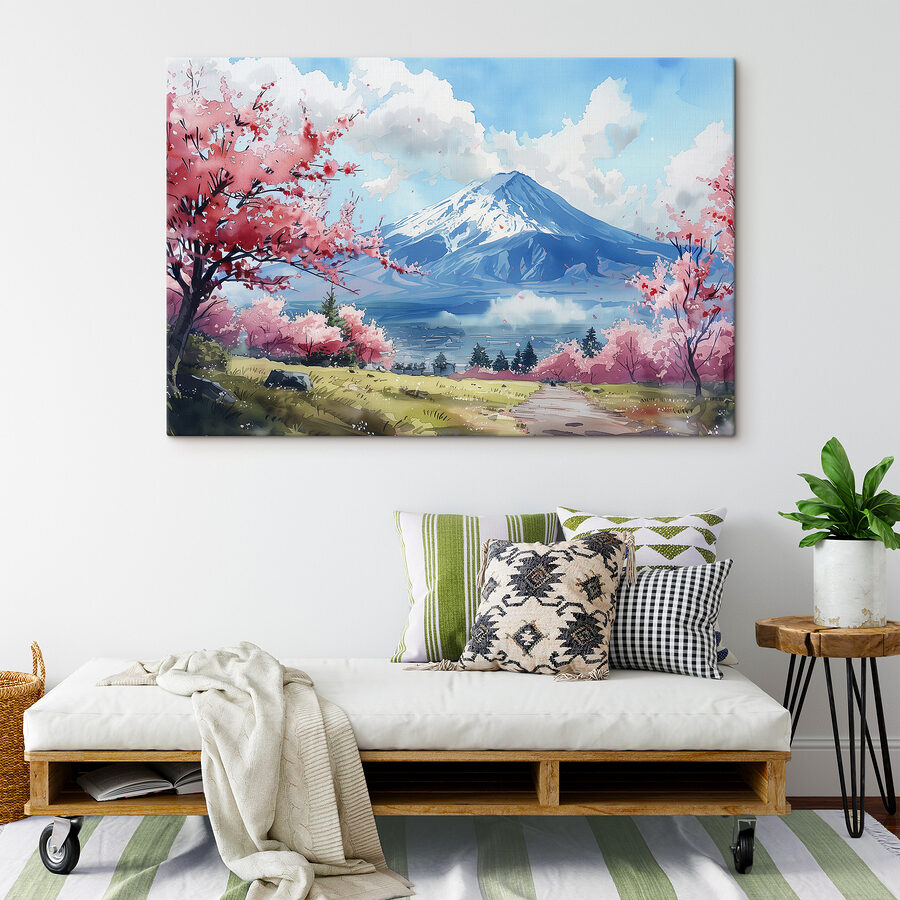 De berg Fuji met roze bloemen
