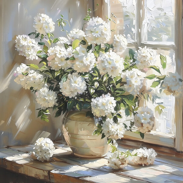 Vaas met witte bloemen voor een raam Vaas met witte bloemen voor een raam