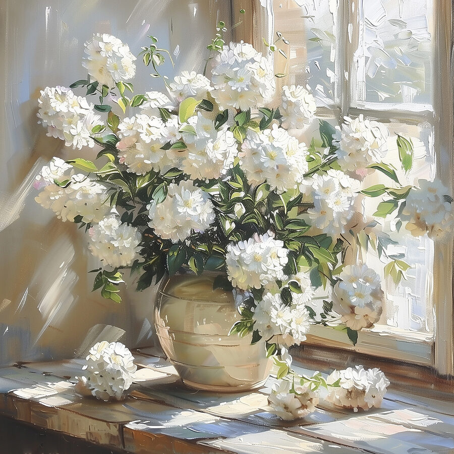 Vaas met witte bloemen voor een raam Vaas met witte bloemen voor een raam