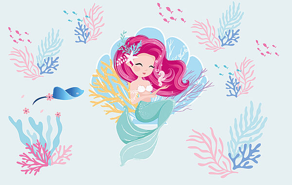 Cartoon zeemeermin met roze haar en een zeepaardje Cartoon zeemeermin met roze haar en een zeepaardje