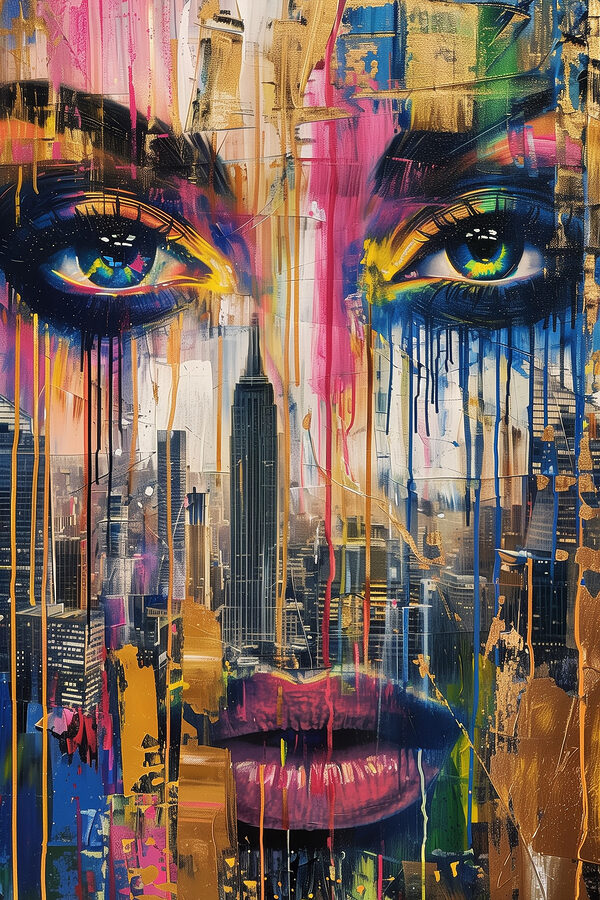 Schilderij van een vrouw’s gezicht met kleurrijke verf die naar beneden druipt Schilderij van een vrouw’s gezicht met kleurrijke verf die naar beneden druipt