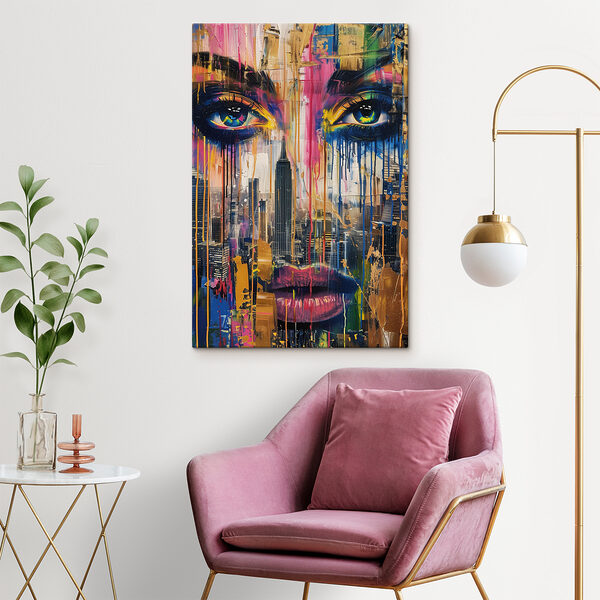 Schilderij van een vrouw’s gezicht met kleurrijke verf die naar beneden druipt Schilderij van een vrouw’s gezicht met kleurrijke verf die naar beneden druipt