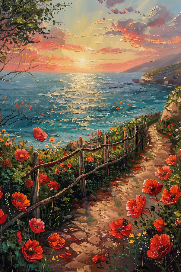 Schilderij van een pad langs het water met bloemen Schilderij van een pad langs het water met bloemen