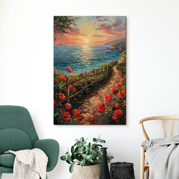 Schilderij van een pad langs het water met bloemen Schilderij van een pad langs het water met bloemen