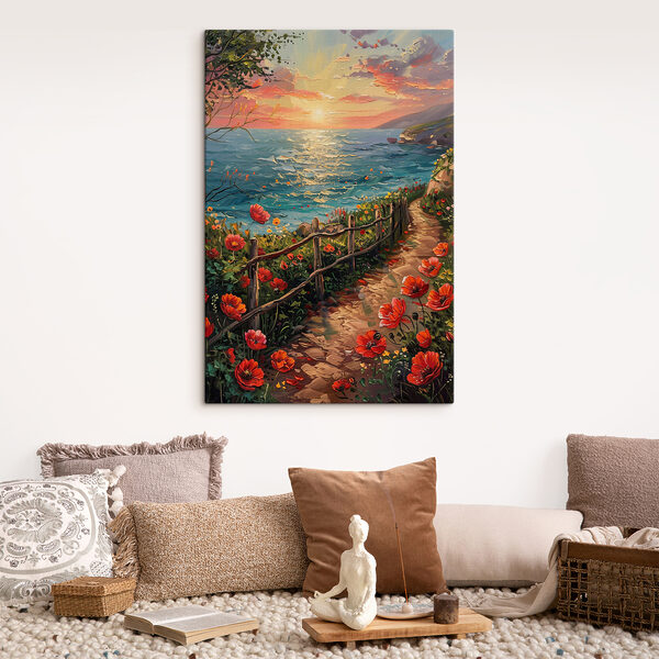 Schilderij van een pad langs het water met bloemen Schilderij van een pad langs het water met bloemen