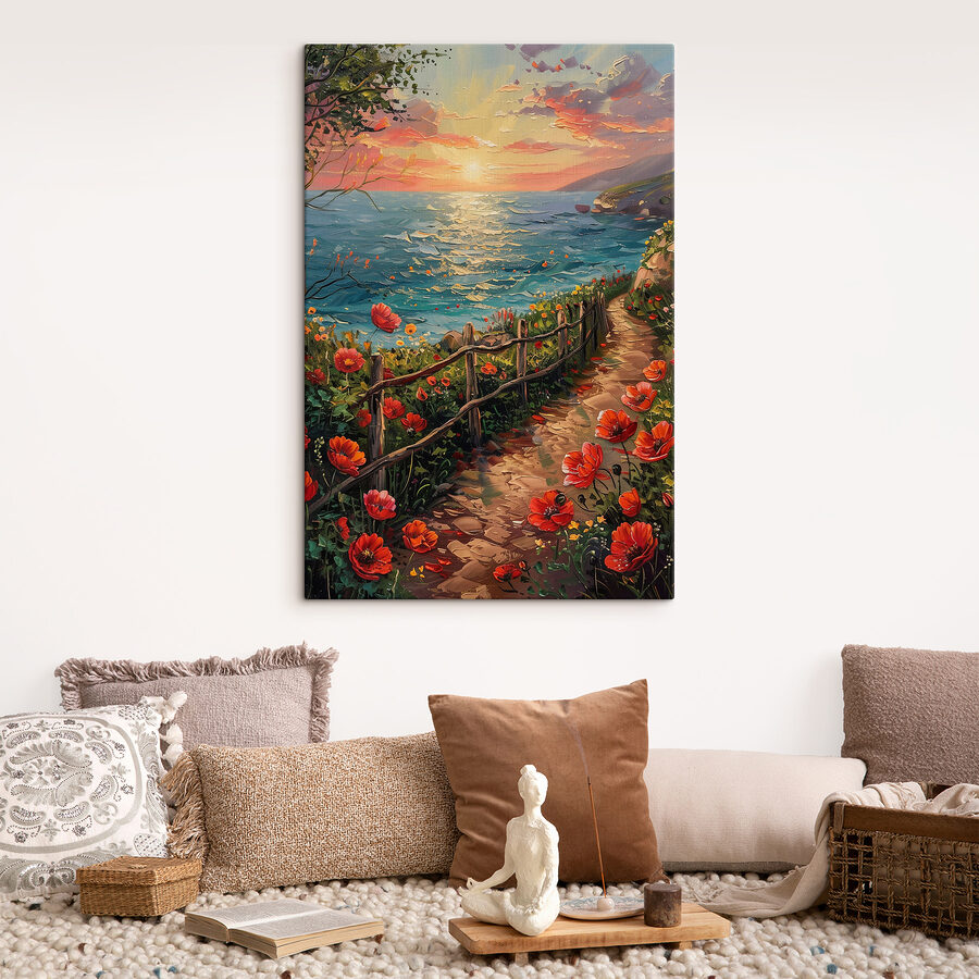 Schilderij van een pad langs het water met bloemen