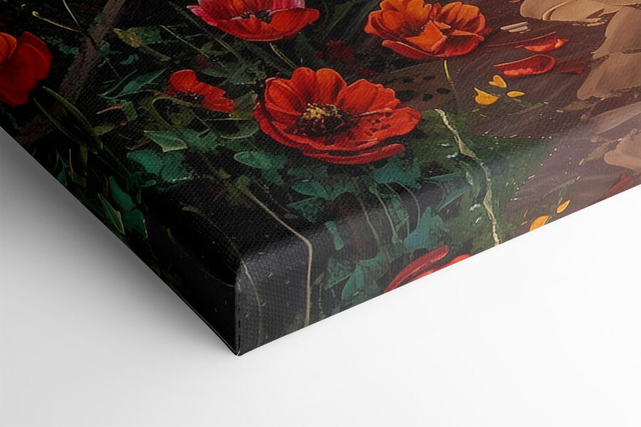 Schilderij van een pad langs het water met bloemen