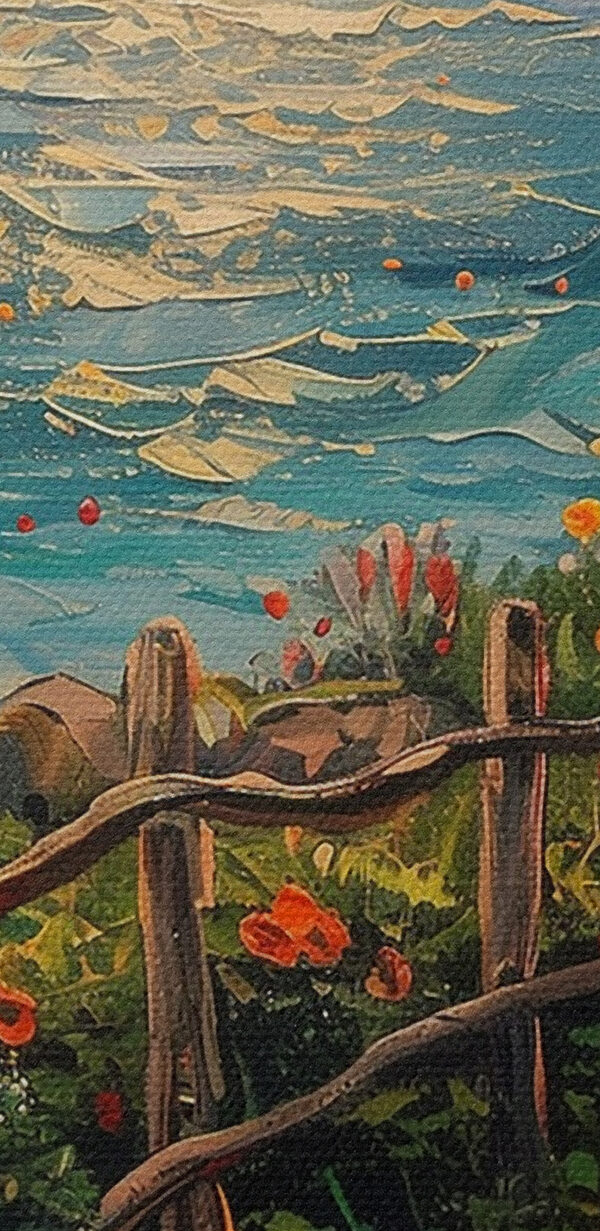 Schilderij van een pad langs het water met bloemen Schilderij van een pad langs het water met bloemen