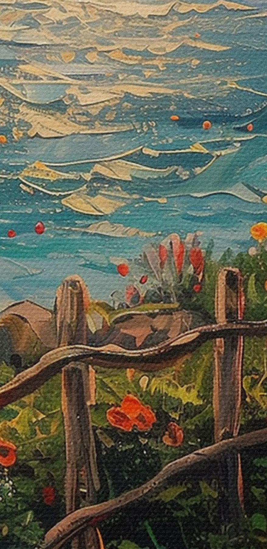 Schilderij van een pad langs het water met bloemen