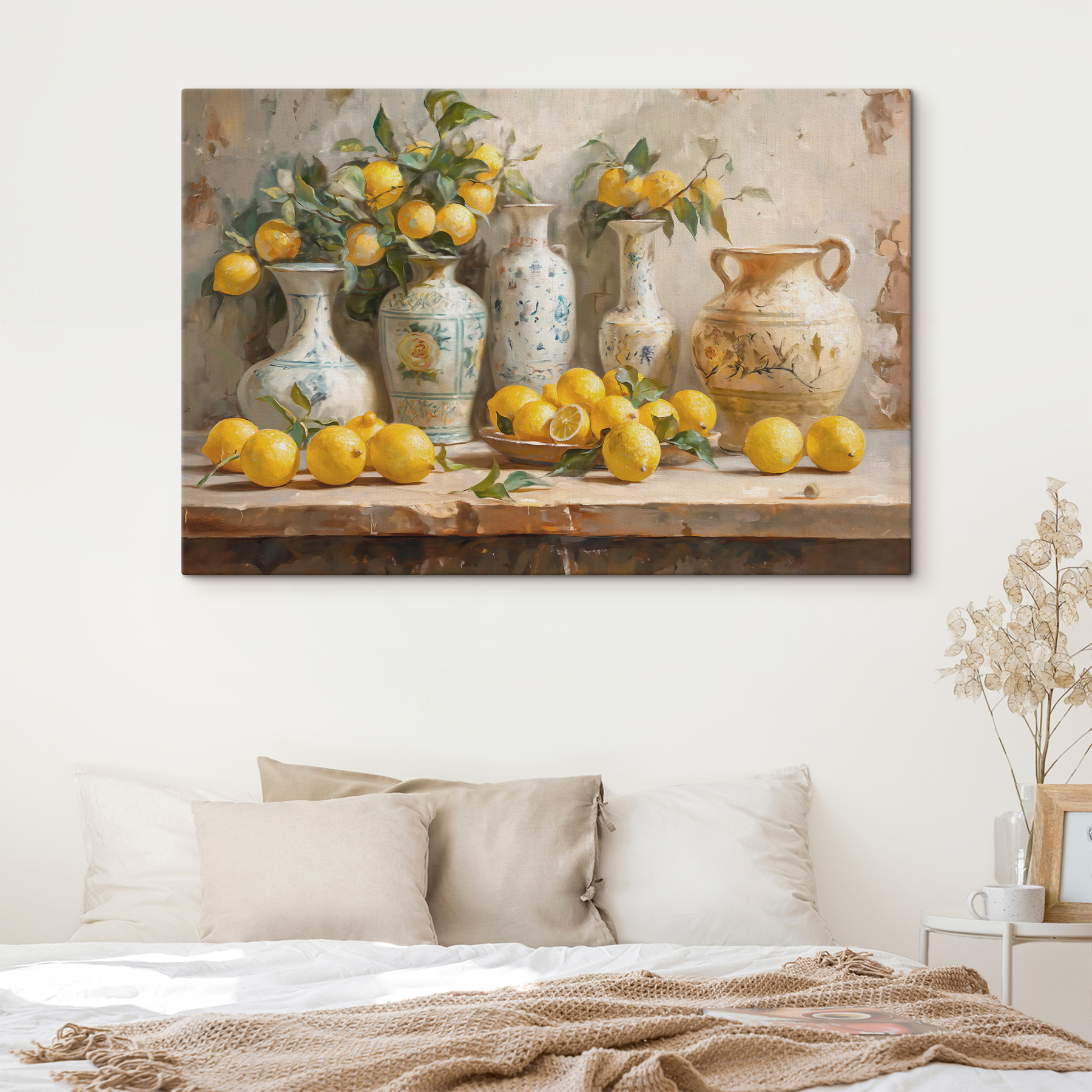 Painting of lemons and vases on a table Painting of lemons and vases on a table