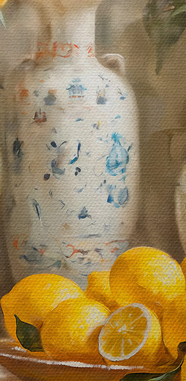 Schilderij van citroenen en vazen op een tafel s39833pzvl 600x1231 - Schilderij van citroenen en vazen op een tafel