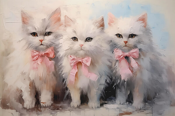 Groep witte katten met roze strikjes Groep witte katten met roze strikjes