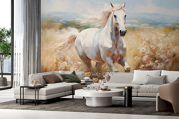 Fotobehang Fotobehang Wit paard rent door een bloemenveld (Artikelnummer: w08118)