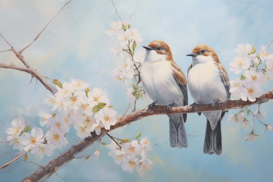 Twee vogels op een tak met witte bloemen