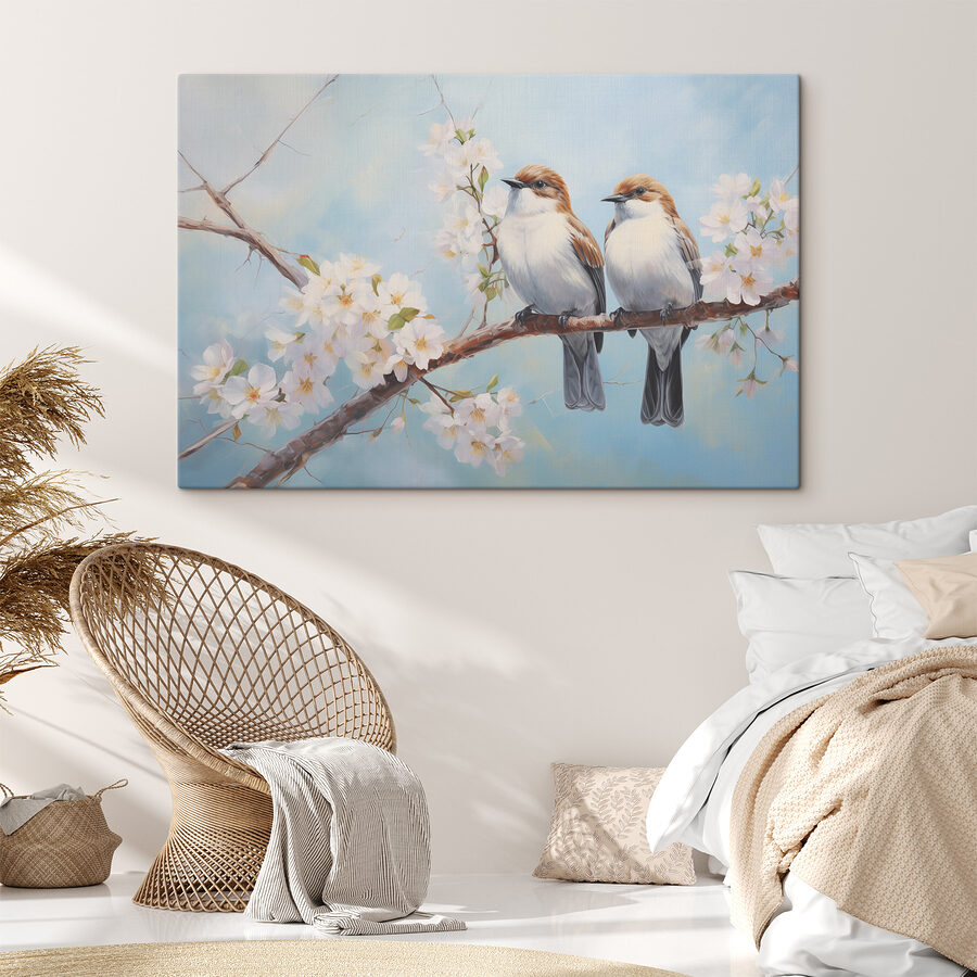 Twee vogels op een tak met witte bloemen