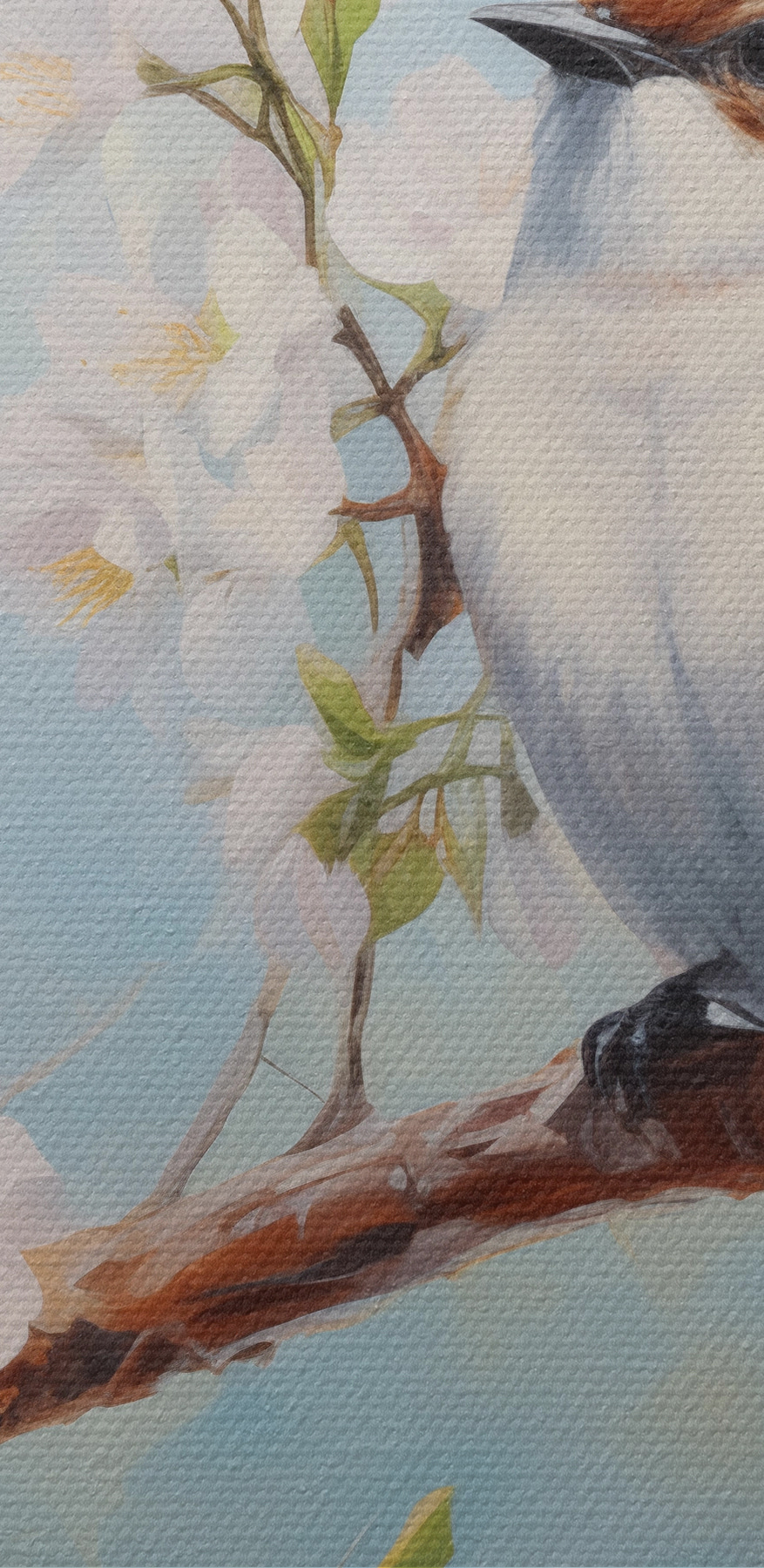Twee vogels op een tak met witte bloemen