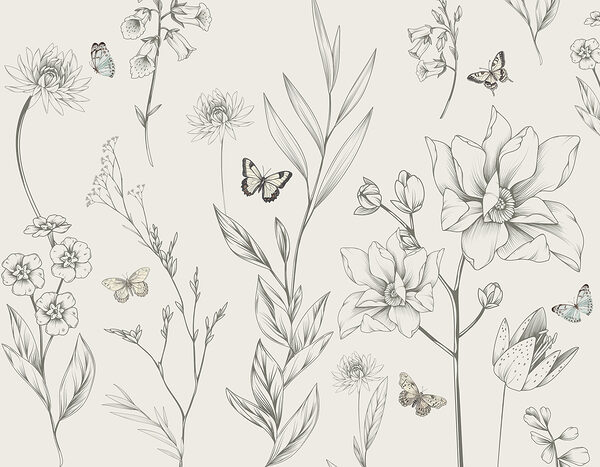Behang met bloemen en vlinders Behang met bloemen en vlinders