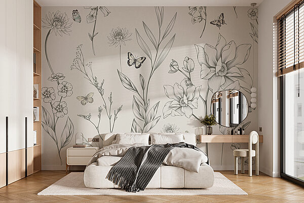 Behang met bloemen en vlinders Behang met bloemen en vlinders