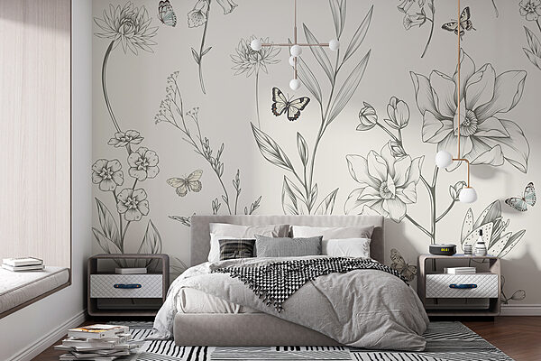 Behang met bloemen en vlinders Behang met bloemen en vlinders