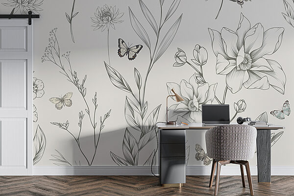 Behang met bloemen en vlinders Behang met bloemen en vlinders