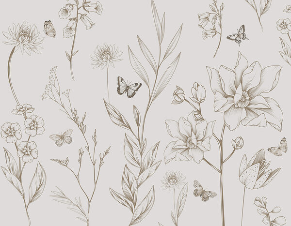 Behang met bloemen en vlinders Behang met bloemen en vlinders